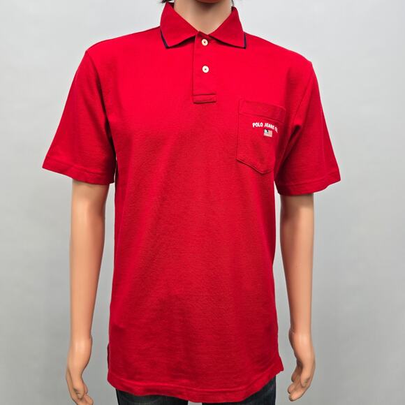Polo Jeans Co. Ralph Lauren RL Spell Out US Flag Pocket Tipped Polo VTG Sz L Red - Picture 2 of 12